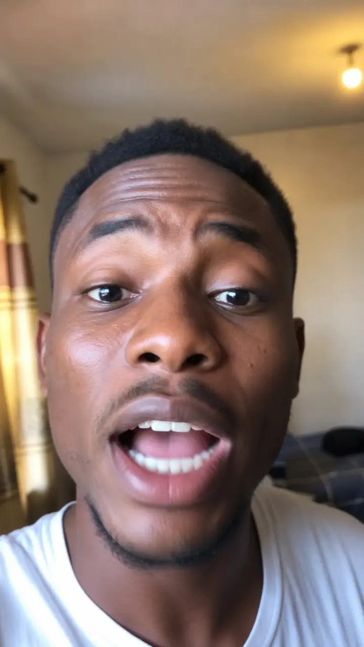 A man talking straight into a phone camera in a bedroom, caught mid-sentence.